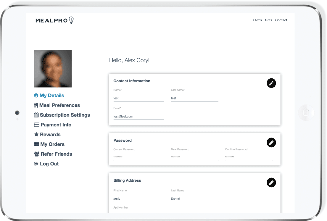 The MealPro account dashboard makes it easy for you to manage your rewards points and delivery preferences